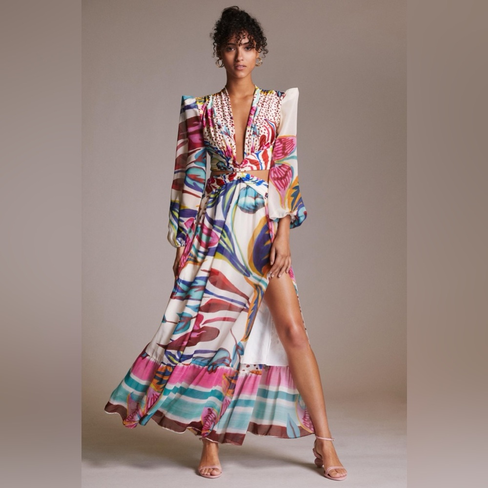 PatBO Flora Print Cutout Plunge Chiffon Long Sleeve Maxi Dress Small - worn once